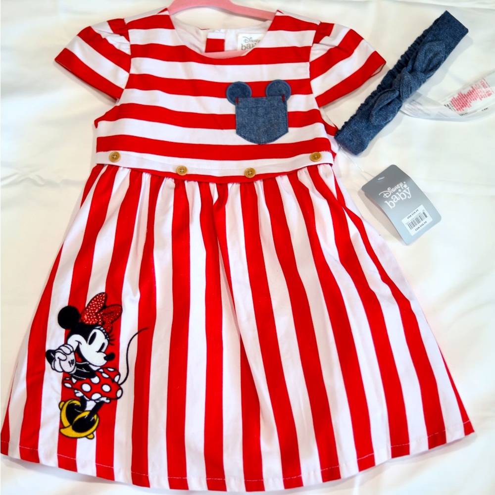 New Disney red white and blue dress with matching bow size 18-24 months